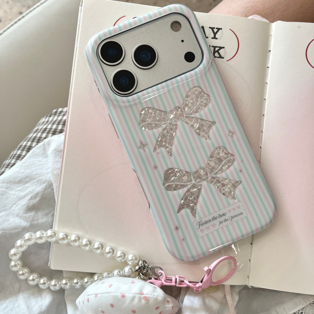Coquette Sparkle Ribbon Case for iPhone, Pink Blue Striped Aesthetic Case