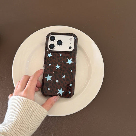 Y2K Brown Leopard Blue Star Soft TPU Phone Case for iPhone 15/16/17