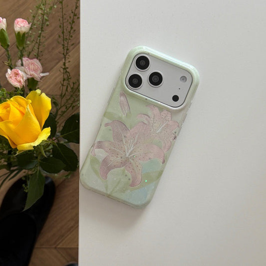 Romantic Pastel Soft Green Shimmer Lily Flower IMD Phone Case for iPhone 15 16 17 Series
