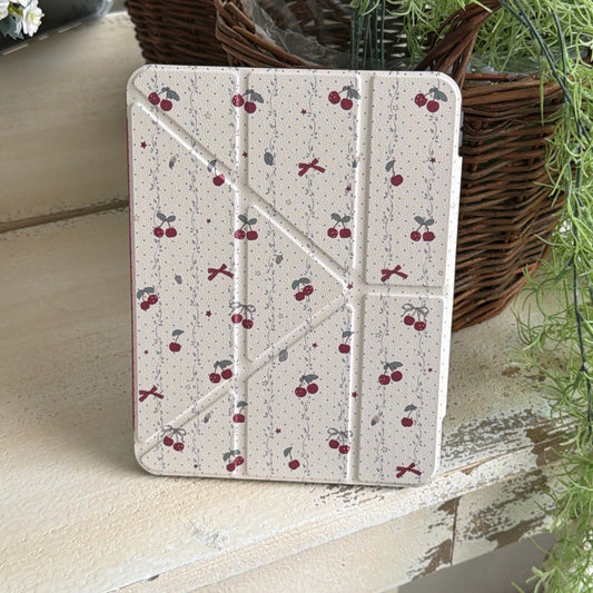 Coquette Soft White Red Cherry Ribbon Origami Stand Clear Back Case for iPad Series