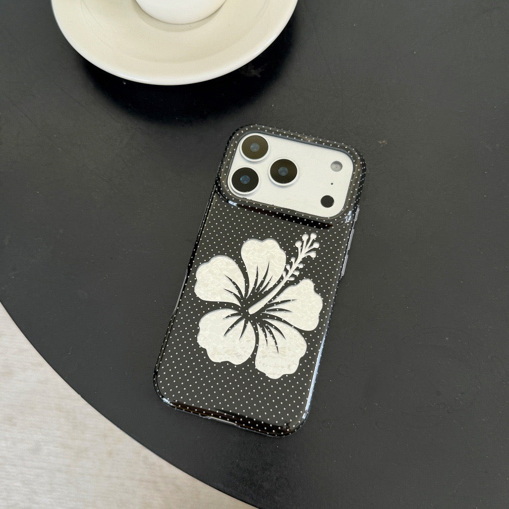 Black Retro Polka Dot Hibiscus Shell Flower Case foriPhone