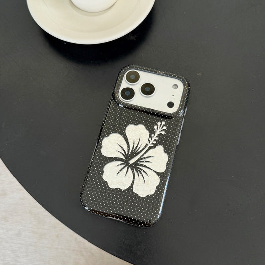 Black Retro Polka Dot Hibiscus Shell Flower Case foriPhone