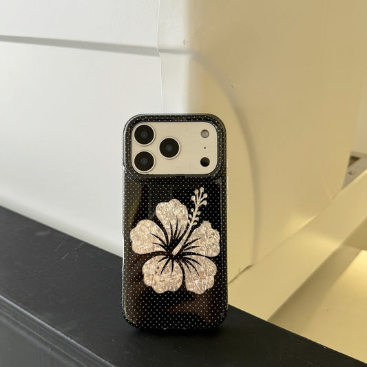 Black Retro Polka Dot Hibiscus Shell Flower Case foriPhone