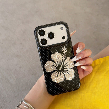 Black Retro Polka Dot Hibiscus Shell Flower Case foriPhone