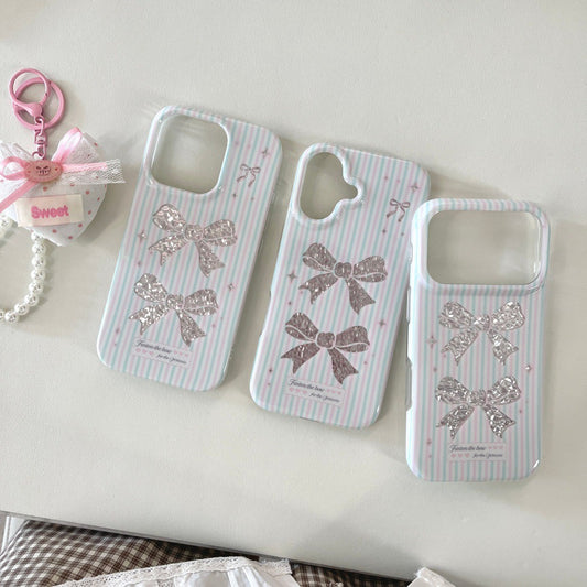 Coquette Sparkle Ribbon Case for iPhone, Pink Blue Striped Aesthetic Case
