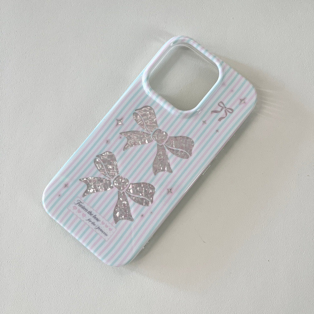 Coquette Sparkle Ribbon Case for iPhone, Pink Blue Striped Aesthetic Case