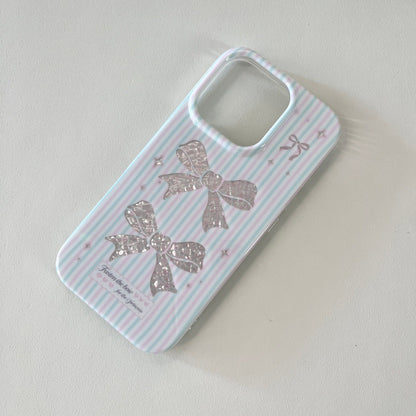 Coquette Sparkle Ribbon Case for iPhone, Pink Blue Striped Aesthetic Case