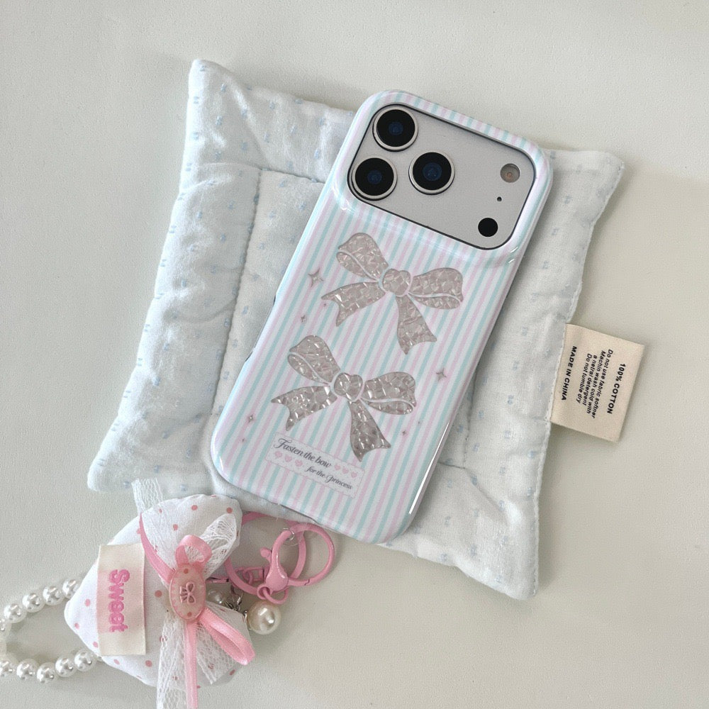 Coquette Sparkle Ribbon Case for iPhone, Pink Blue Striped Aesthetic Case