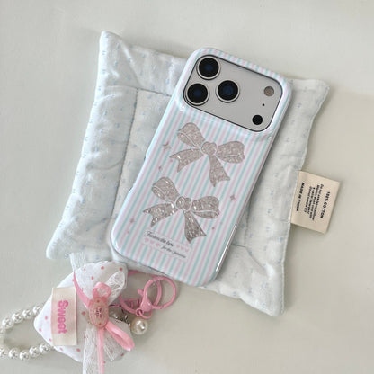 Coquette Sparkle Ribbon Case for iPhone, Pink Blue Striped Aesthetic Case