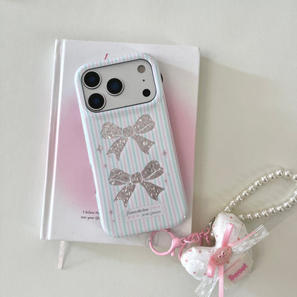 Coquette Sparkle Ribbon Case for iPhone, Pink Blue Striped Aesthetic Case