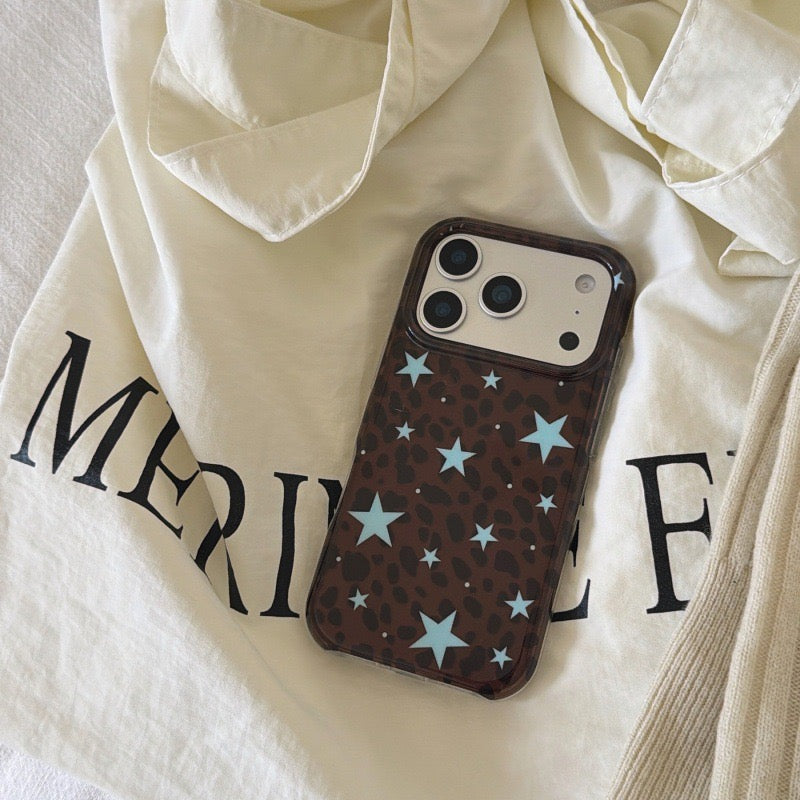 Y2K Brown Leopard Blue Star Soft TPU Phone Case for iPhone 15/16/17