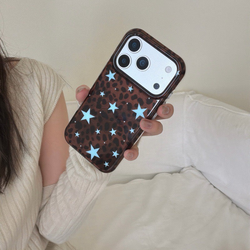 Y2K Brown Leopard Blue Star Soft TPU Phone Case for iPhone 15/16/17