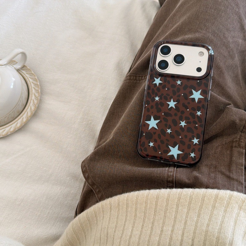 Y2K Brown Leopard Blue Star Soft TPU Phone Case for iPhone 15/16/17
