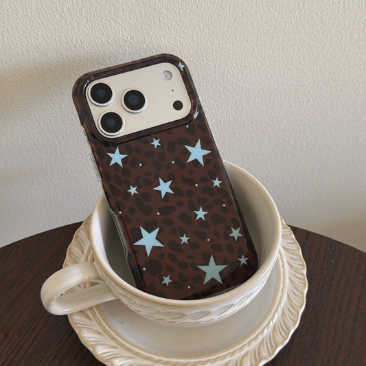 Y2K Brown Leopard Blue Star Soft TPU Phone Case for iPhone 15/16/17