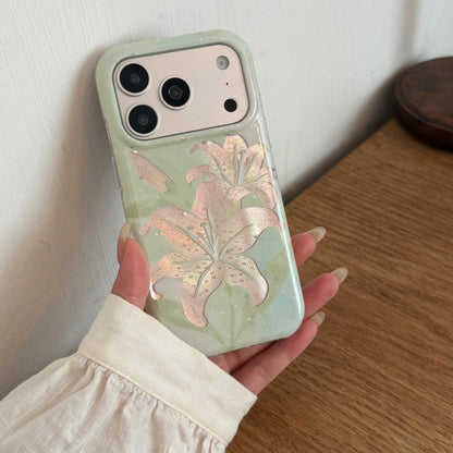 Romantic Pastel Soft Green Shimmer Lily Flower IMD Phone Case for iPhone 15 16 17 Series