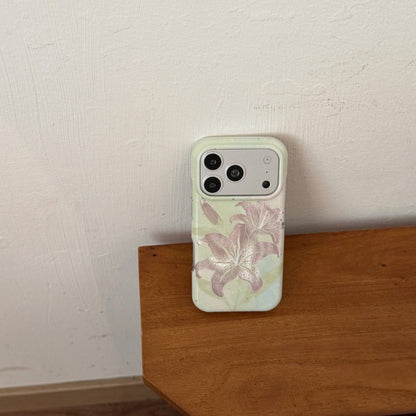 Romantic Pastel Soft Green Shimmer Lily Flower IMD Phone Case for iPhone 15 16 17 Series