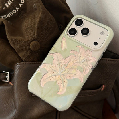 Romantic Pastel Soft Green Shimmer Lily Flower IMD Phone Case for iPhone 15 16 17 Series