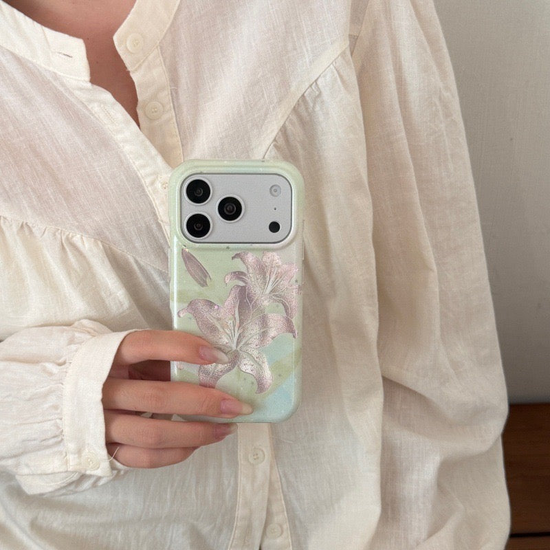 Romantic Pastel Soft Green Shimmer Lily Flower IMD Phone Case for iPhone 15 16 17 Series