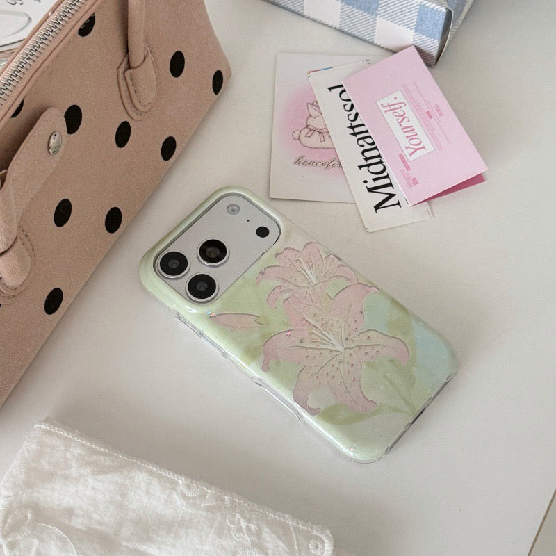 Romantic Pastel Soft Green Shimmer Lily Flower IMD Phone Case for iPhone 15 16 17 Series