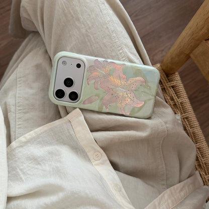 Romantic Pastel Soft Green Shimmer Lily Flower IMD Phone Case for iPhone 15 16 17 Series