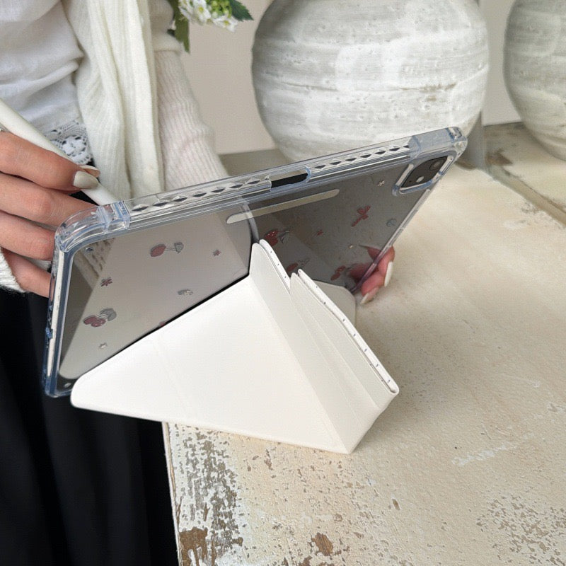 Coquette Soft White Red Cherry Ribbon Origami Stand Clear Back Case for iPad Series
