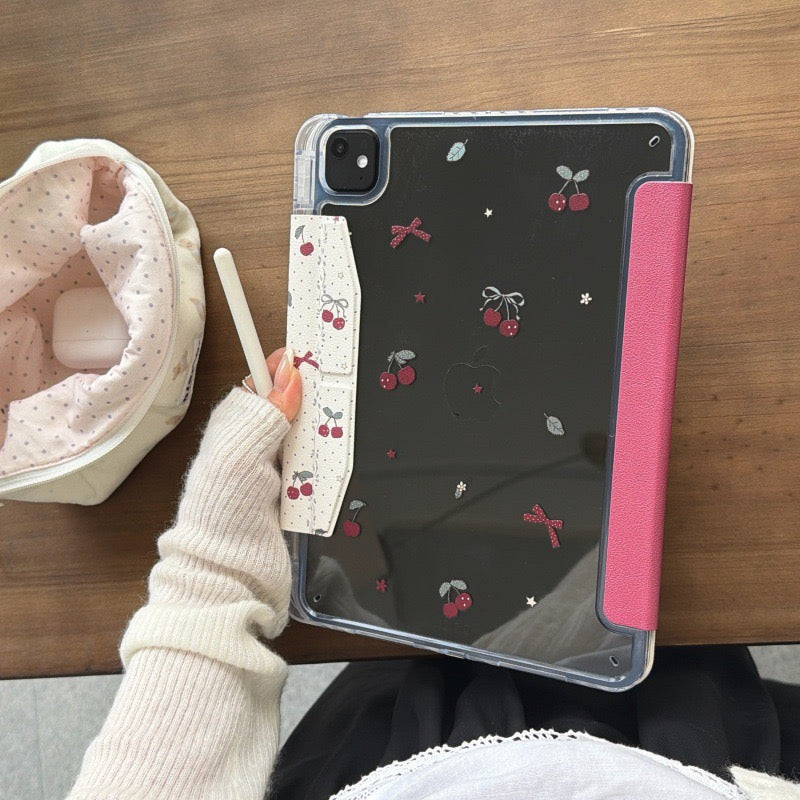 Coquette Soft White Red Cherry Ribbon Origami Stand Clear Back Case for iPad Series