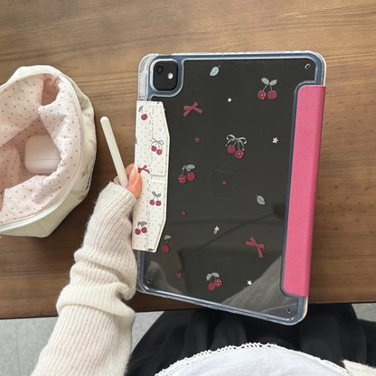 Coquette Soft White Red Cherry Ribbon Origami Stand Clear Back Case for iPad Series