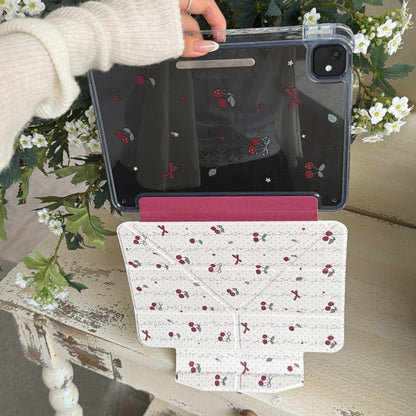 Coquette Soft White Red Cherry Ribbon Origami Stand Clear Back Case for iPad Series