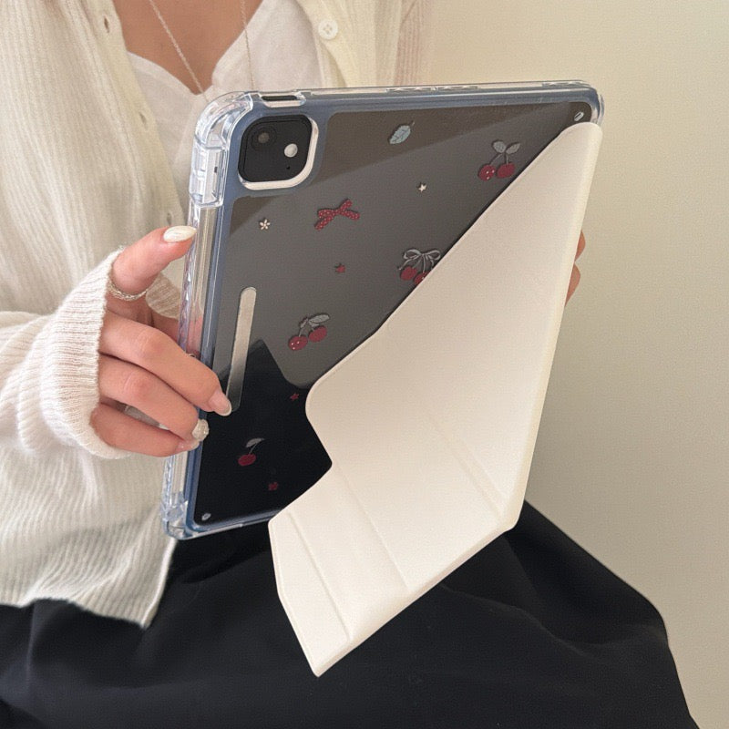 Coquette Soft White Red Cherry Ribbon Origami Stand Clear Back Case for iPad Series