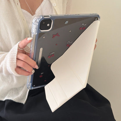 Coquette Soft White Red Cherry Ribbon Origami Stand Clear Back Case for iPad Series