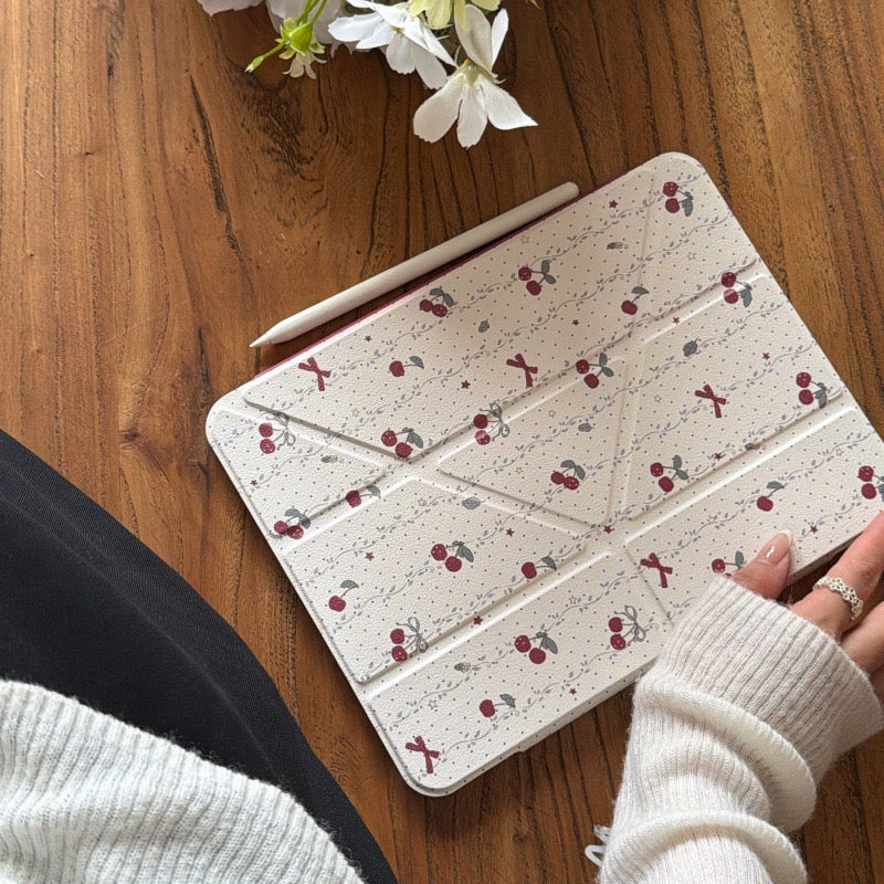 Coquette Soft White Red Cherry Ribbon Origami Stand Clear Back Case for iPad Series