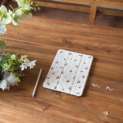 Coquette Soft White Red Cherry Ribbon Origami Stand Clear Back Case for iPad Series